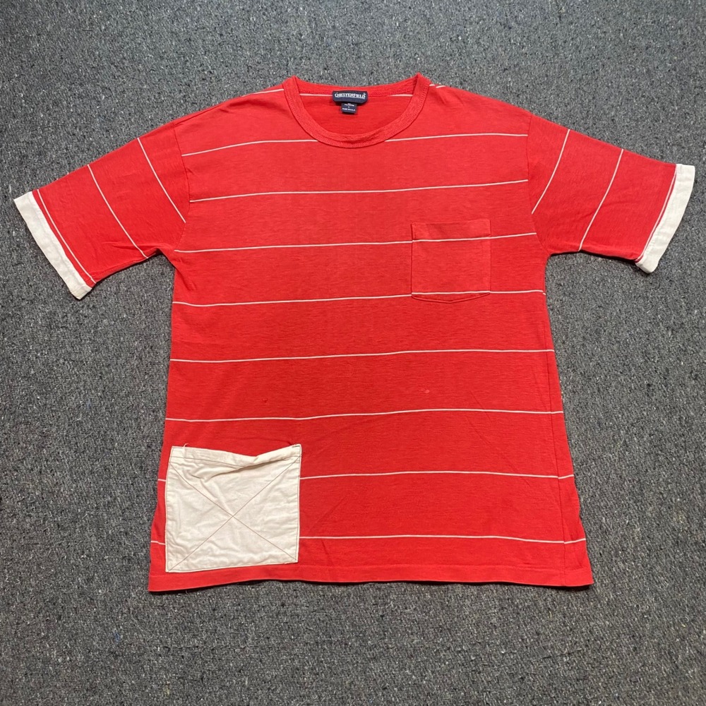 Chesterfield Striped TShirt Sz L Mens Red Retro Skater Double Pocket Made in USA